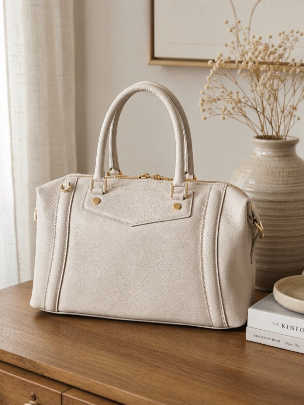 Light Beige Italian Pebbled Leather Barrel Bag, Top Handle Crossbody